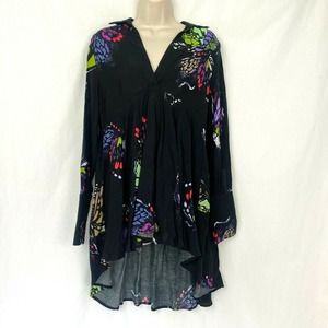 Free People Field Of Butterflies Tunic Top XS Womens Black Swing Flowy Oversized